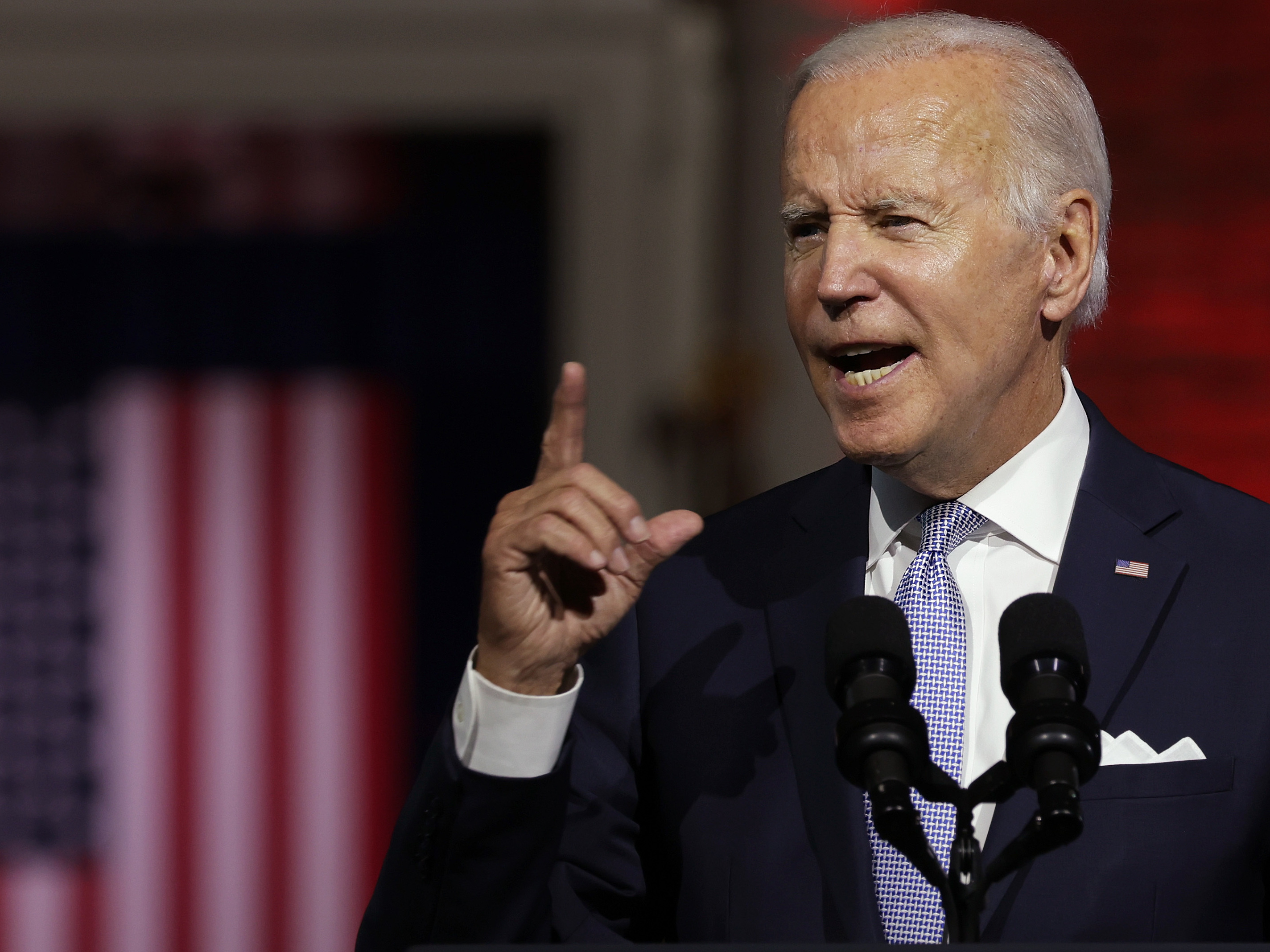 caption: President Joe Biden delivers a primetime speech at Independence National Historical Park September 1, 2022 in Philadelphia.
