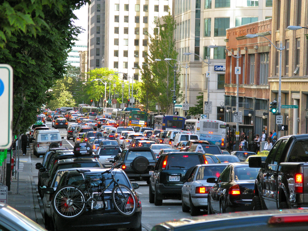 caption: Traffic on Second Avenue in downtown Seattle.