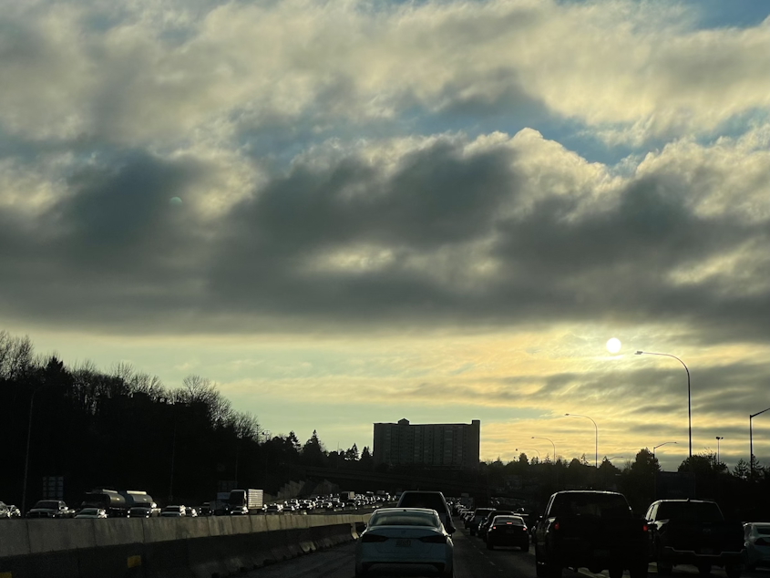caption: Traffic stalls on Interstate 5 in Tacoma in February 2022.