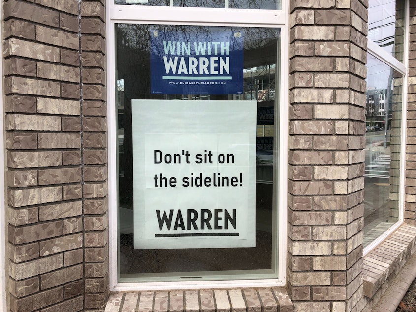 caption: Elizabeth Warren's presidential campaign office near Seattle Center.