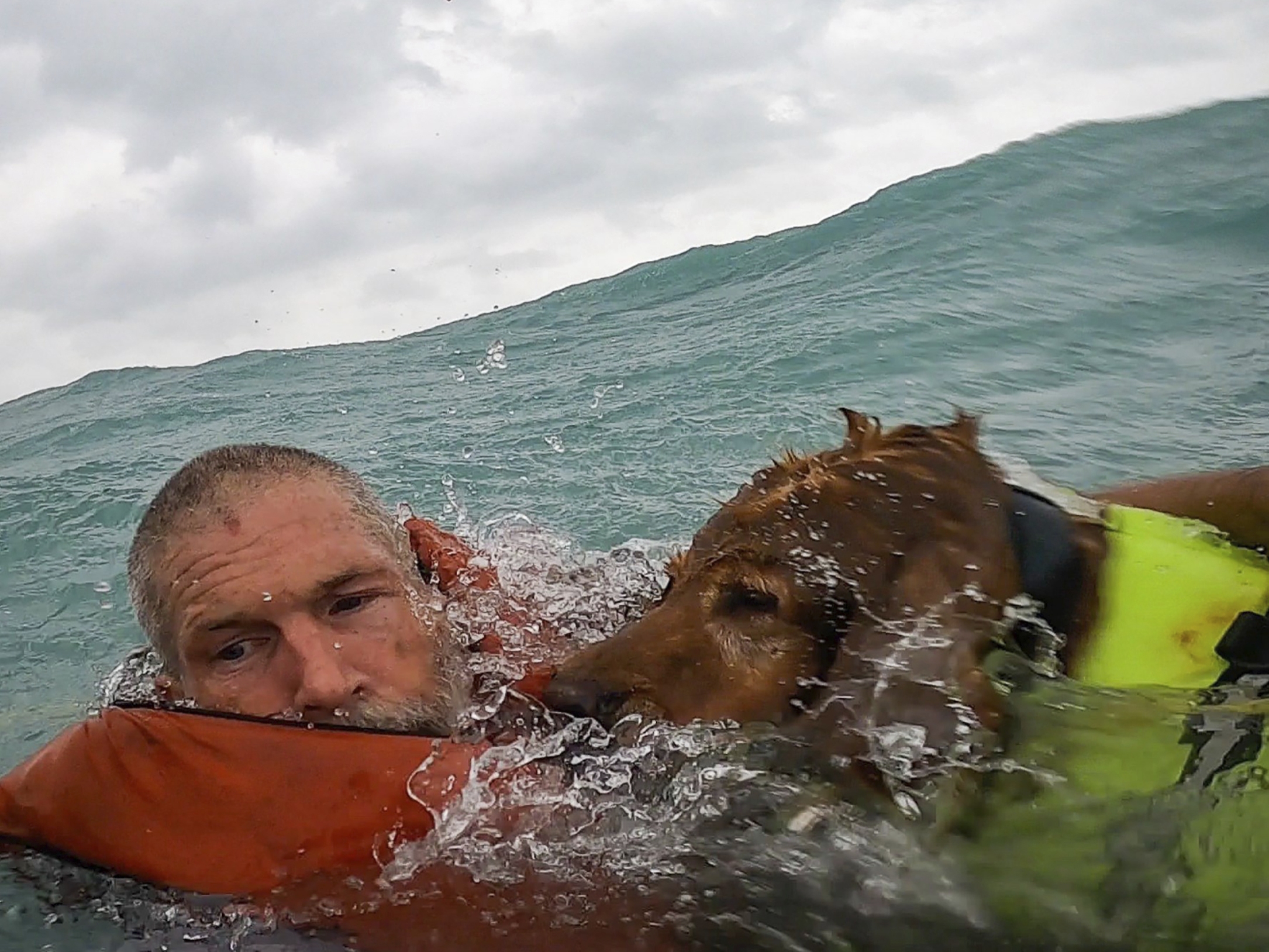 caption: This photo provided by U.S. Coast Guard District Seven (@USCGSoutheast) shows a man and his dog being rescued after his sailboat became disabled during Hurricane Helene approximately 25 miles off Sanibel Island, Fla., on Thursday, Sept. 26, 2024.