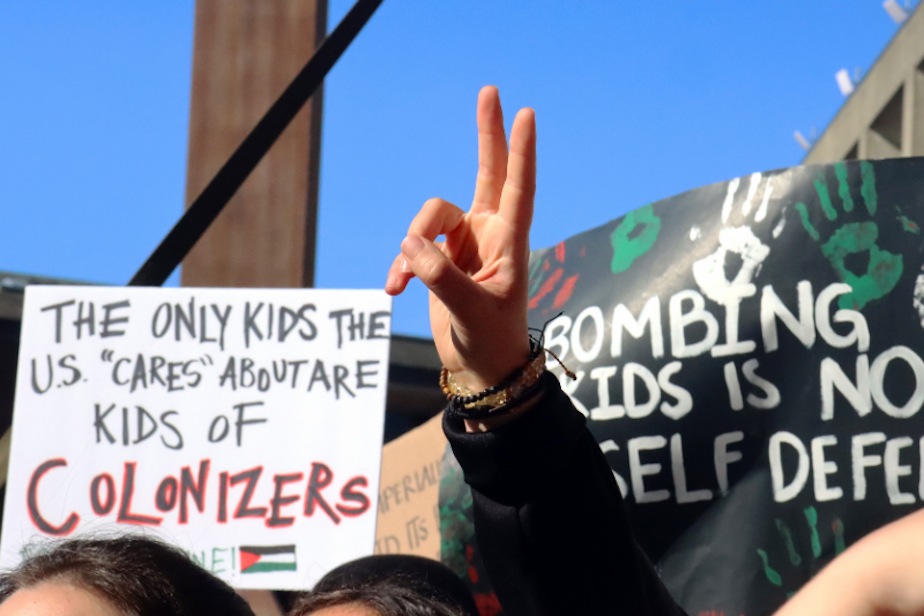 caption: A protester holds up a peace sign as others call for peace in Israel and the Palestinian territories at a pro-Palestine demonstration at the University of Washington, Oct. 12, 2023. 
