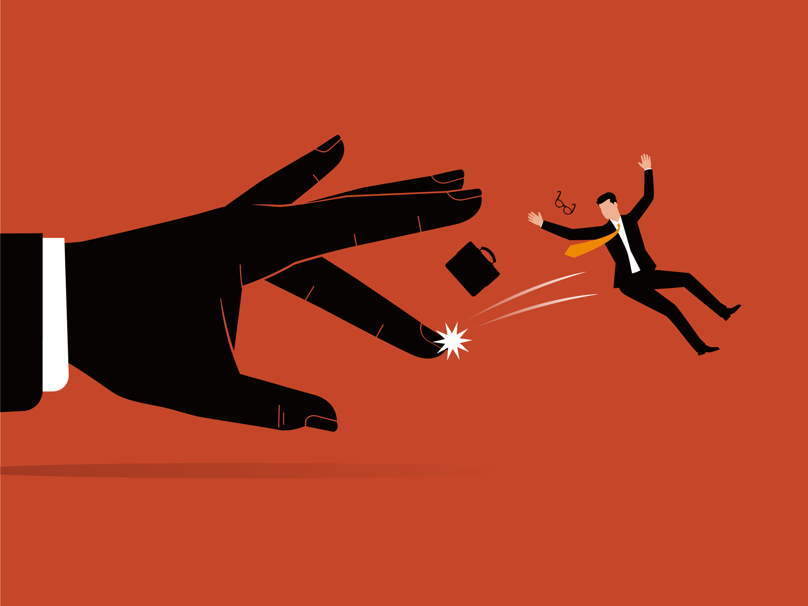 A large hand flicks away a male employee