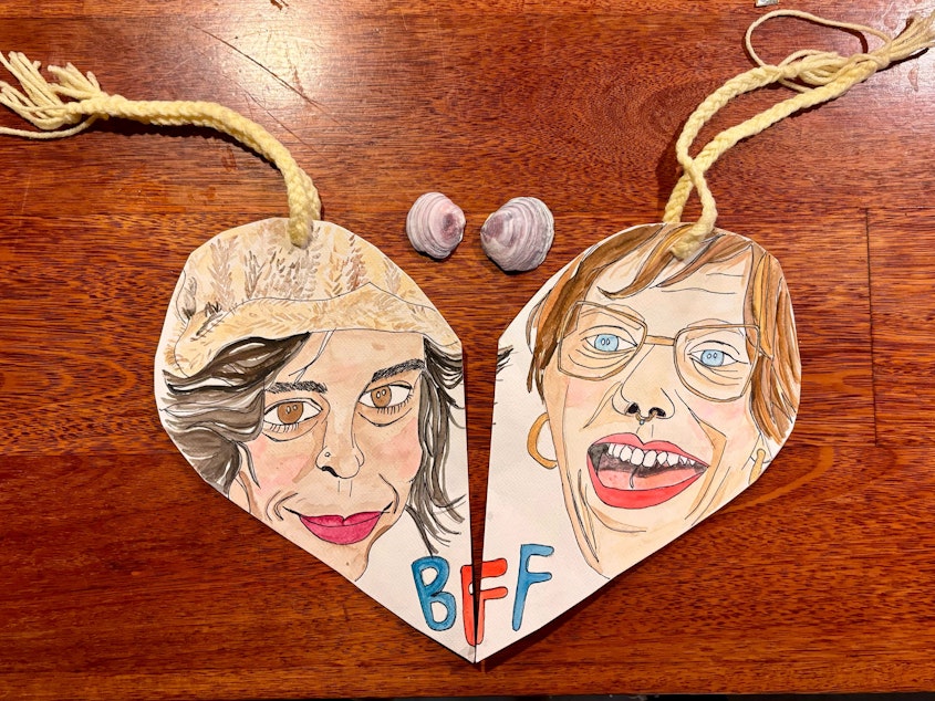 caption: Portrait / necklace of Lindy and Meagan painted by Angela Garbes 