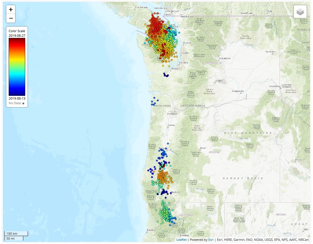 caption: Dots represent slow-slip tremors detected between Aug. 13 and Aug. 27.