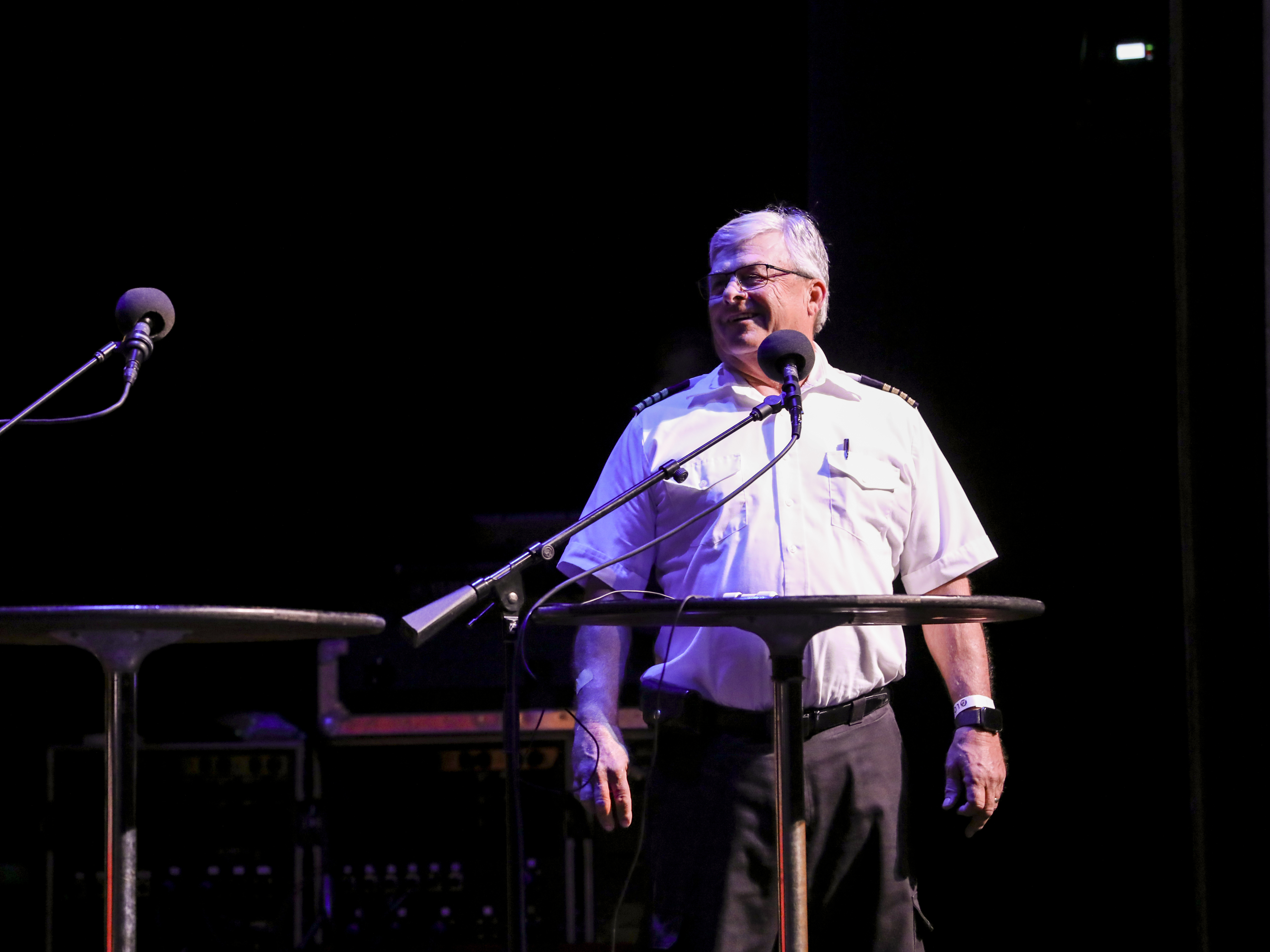 caption: Captain Fred Hershman reveals the origins of Lil' Toot on <em>Ask Me Another</em> at the Lobero Theatre in Santa Barbara, California.