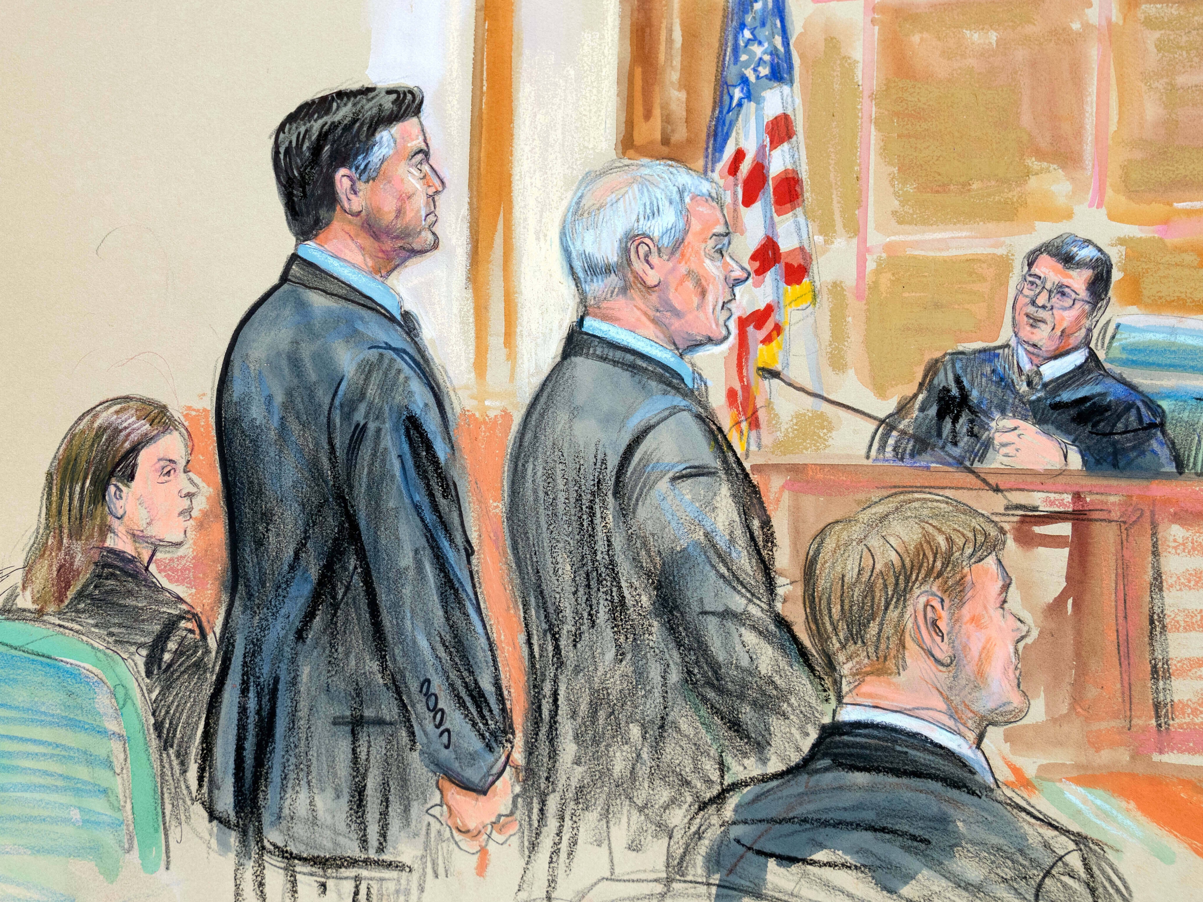 caption: This courtroom sketch depicts former FBI Director James Comey, second from left, and his attorneys Jessica Carmichael, seated left, and Patrick J. Fitzgerald, standing right, during his arraignment at the federal courthouse in Alexandria, Va., Wednesday, Oct. 8, 2025. Assistant U.S. Attorney Tyler Lemons, is seated right.