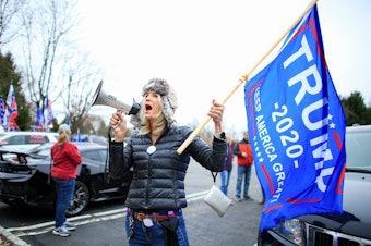 caption: A woman shouts slogans as Trump Supporters gather during a car rally named as Stop the Steal on November 22, 2020 in Long Valley, New Jersey. (KENA BETANCUR/AFP via Getty Images)