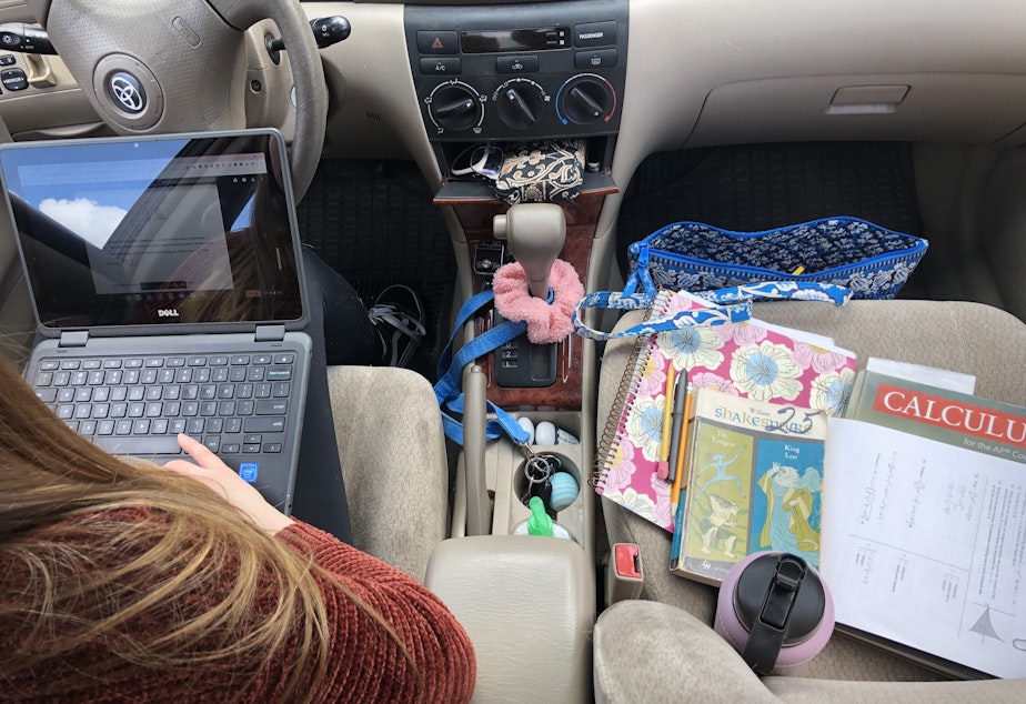 caption: High school senior Natalie Szewczyk has turned her Toyota Corolla into a mobile workstation.