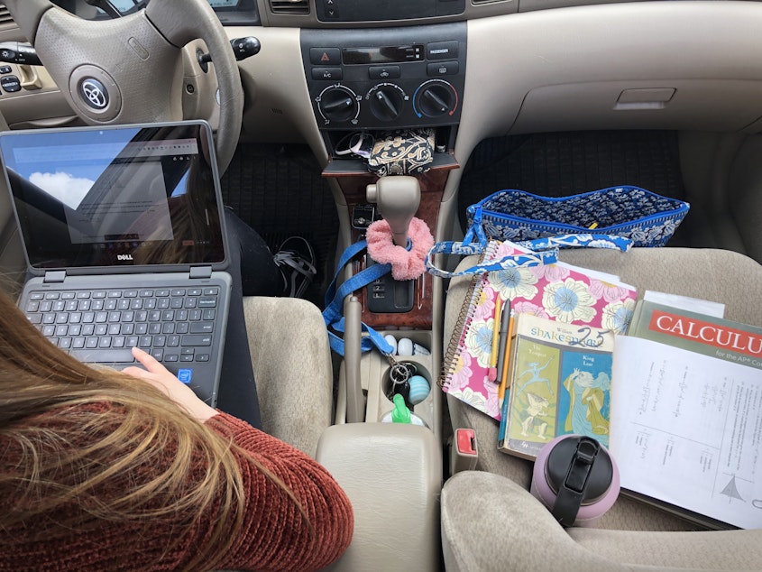 caption: High school senior Natalie Szewczyk has turned her Toyota Corolla into a mobile workstation.
