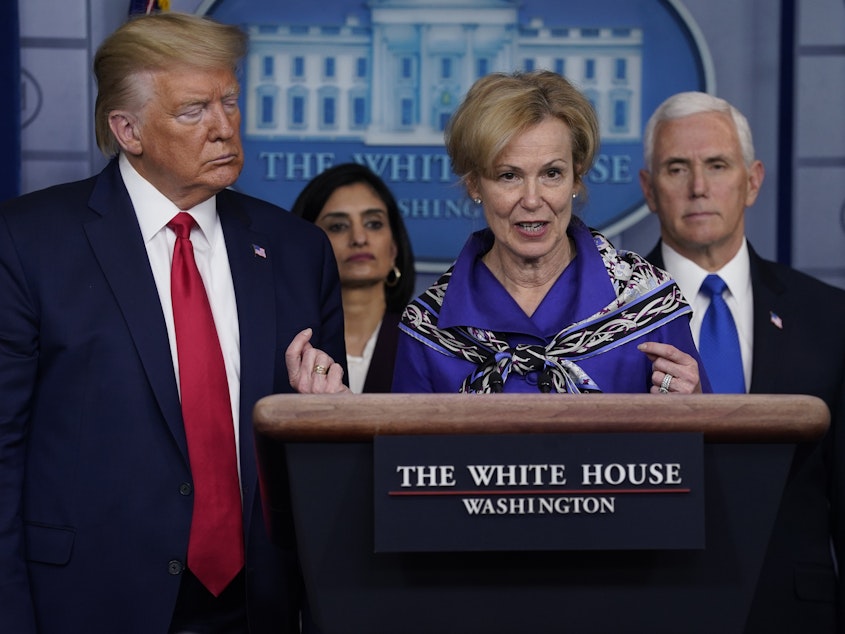 caption: Dr. Deborah Birx, the White House's coronavirus response coordinator, speaks during a news briefing with the coronavirus task force at the White House on Wednesday.