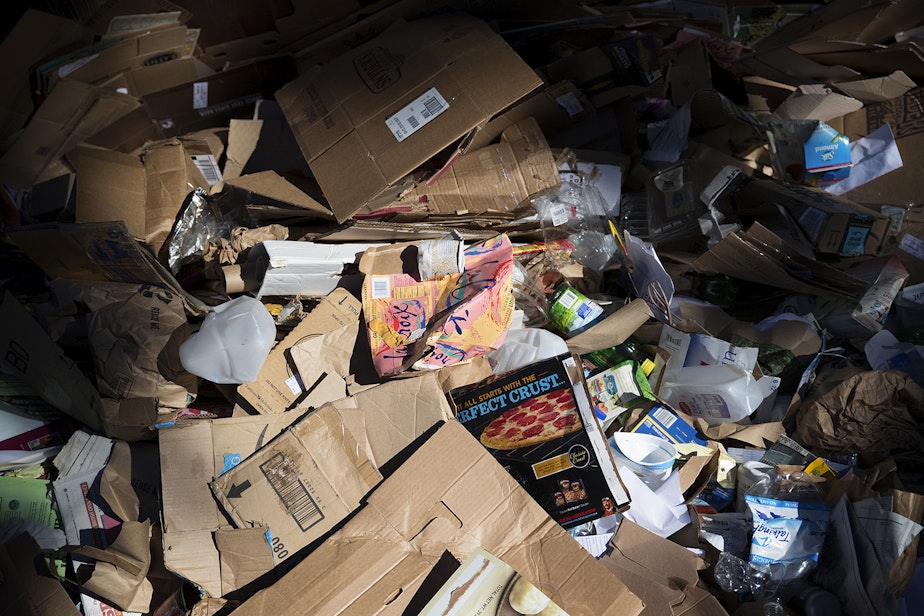 caption: Recycling is shown at a Western Washington transfer station in 2017.