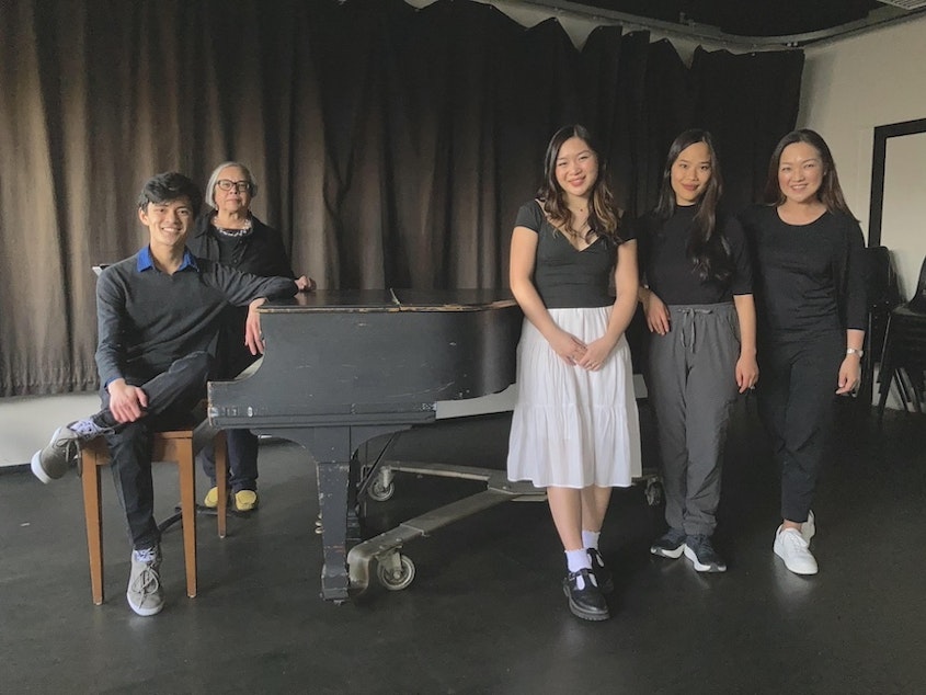 caption: (From left to right) Composer Jeremy Berdin, librettist AC Petersen, and vocalists Caitlin Sarwono, Isabelle Bushue, and Sandra Waters.