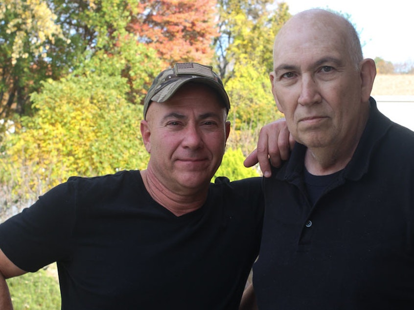 caption: Veterans Michael Menta (left) and his uncle, Sal Leone, in West Hartford, Conn., last month.