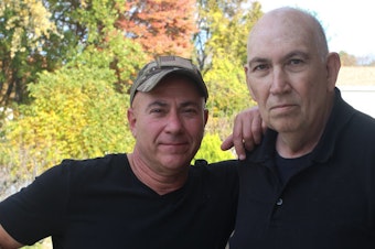 caption: Veterans Michael Menta (left) and his uncle, Sal Leone, in West Hartford, Conn., last month.