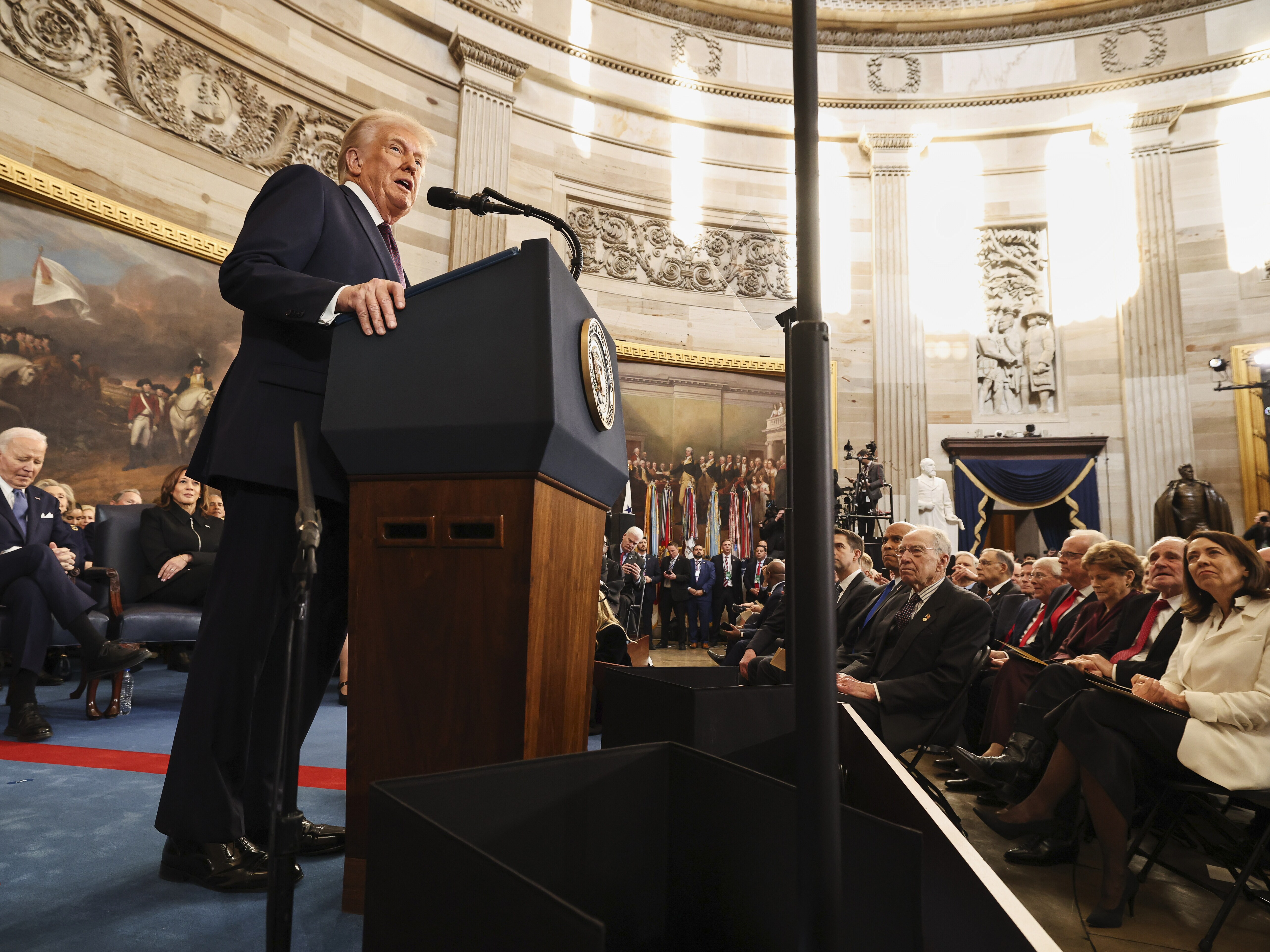 caption: President Donald Trump speaks during the 60th Presidential Inauguration on Monday.