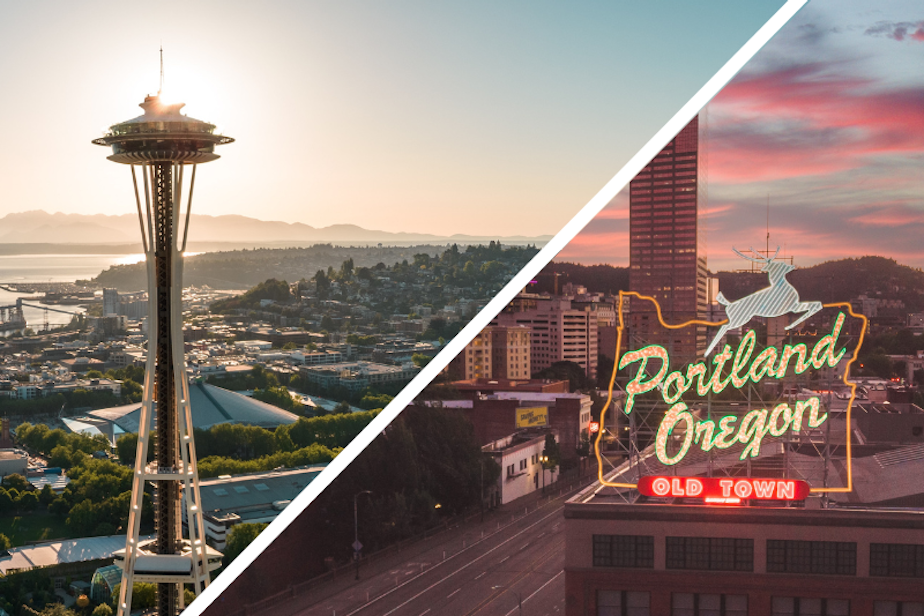 caption: Seattle, Washington and Portland, Oregon. 
