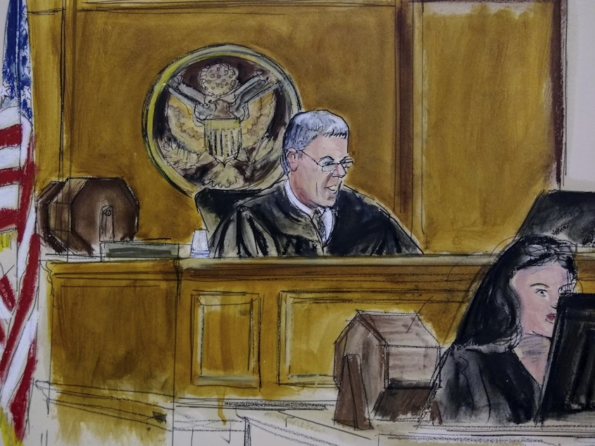 caption: Magistrate Judge Stewart Aaron presided over a hearing in New York City last year as depicted in this courtroom sketch. Judges and courts are scrambling to adapt to the pandemic.