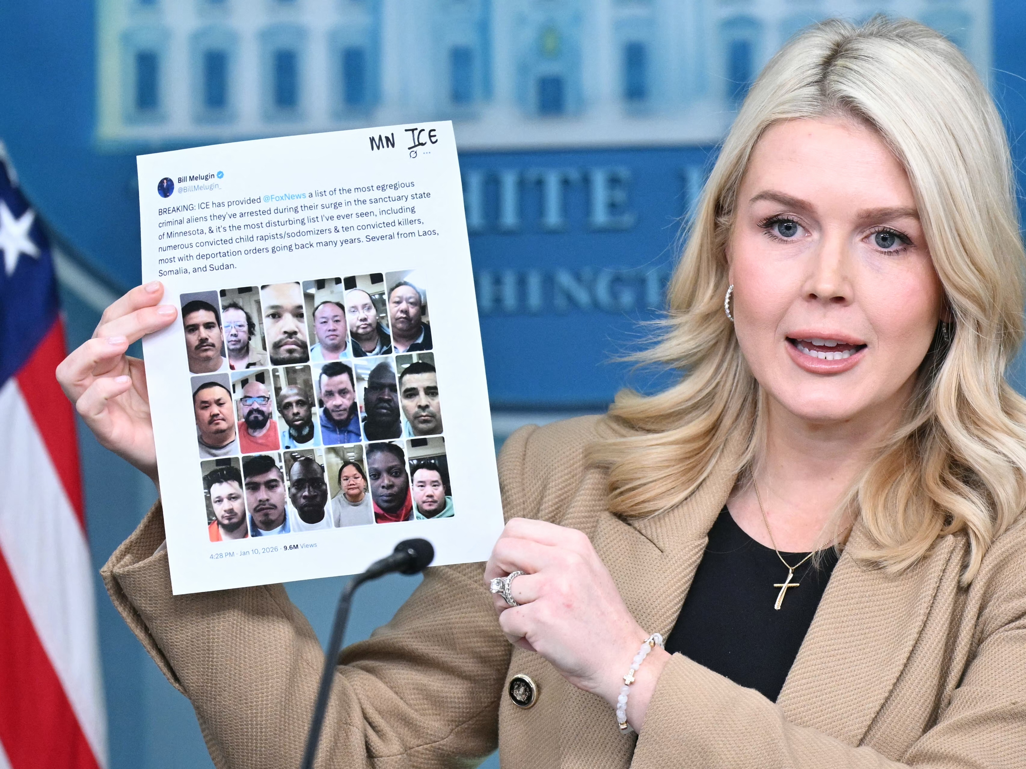 caption: White House Press Secretary Karoline Leavitt holds up a printout of a social media post with pictures of alleged undocumented criminals arrested recently by Immigration and Customs Enforcement (ICE) in Minnesota as she speaks during a press briefing at the White House on Jan. 15, 2026.