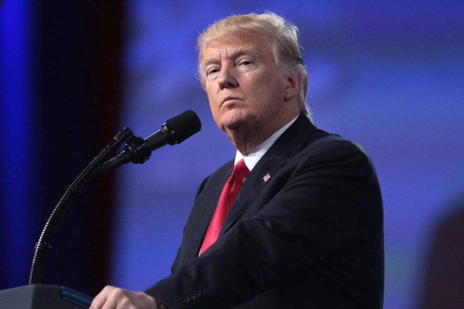 caption: President Donald Trump at speaking at the 2017 Conservative Political Action Conference in February.