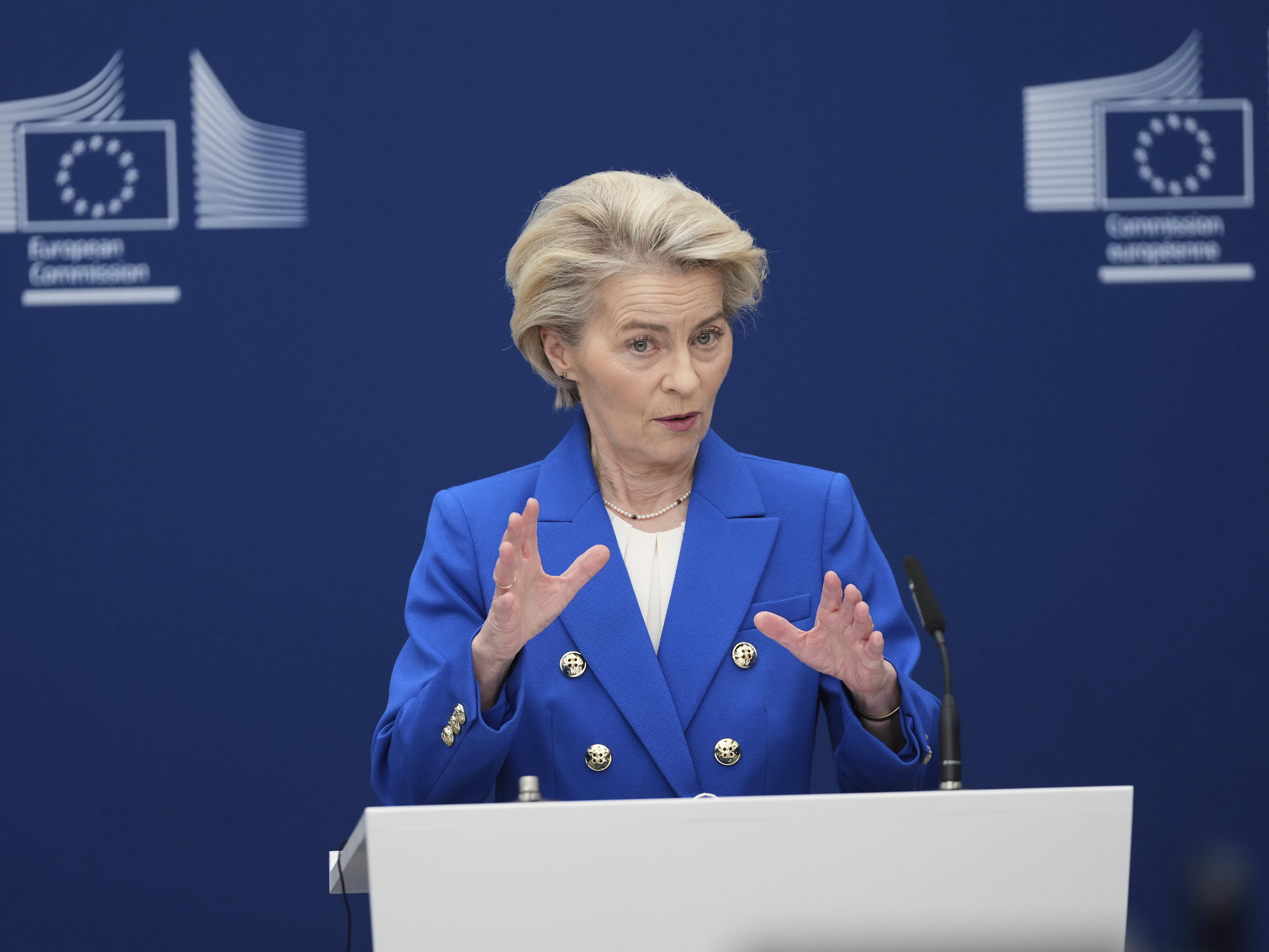 caption: European Commission President Ursula von der Leyen speaks during a media conference on a defense package in Brussels, Tuesday.
