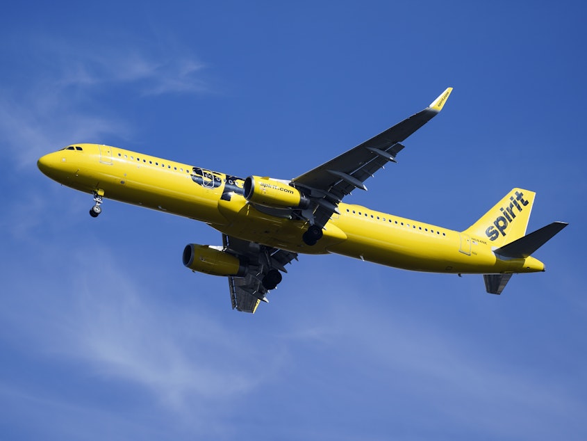 caption: A Spirit Airlines jet seen approaching Philadelphia International Airport earlier this year.
