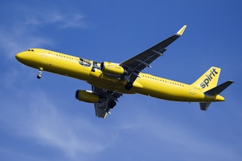 caption: A Spirit Airlines jet seen approaching  Philadelphia International Airport earlier this year.