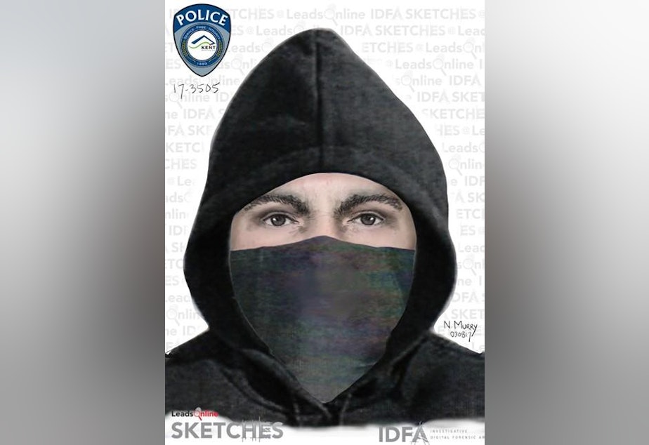 caption: Sketch of a possible suspect in the shooting of a Sikh man in Kent.