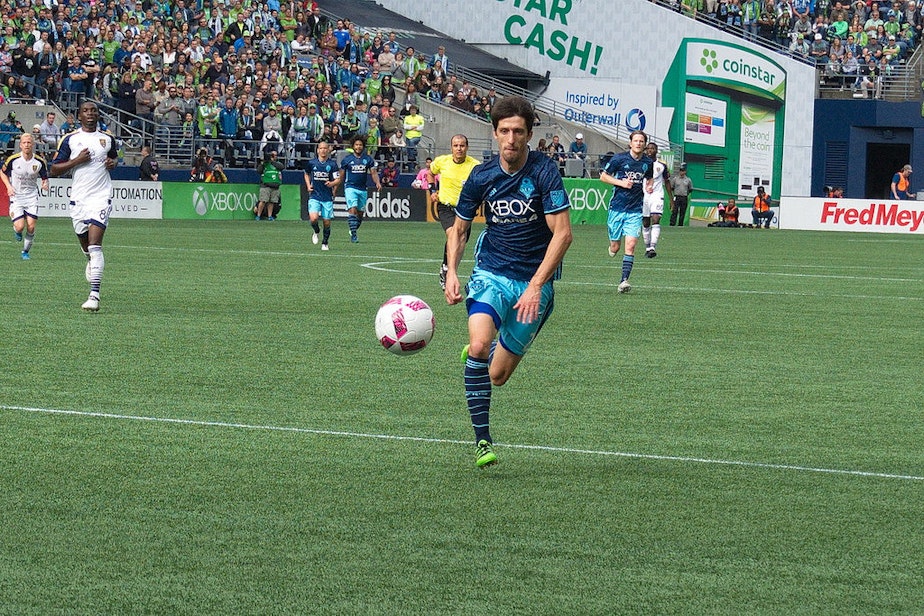 caption: Seattle Sounders midfielder Alvaro Fernandez plays at Century Link Field in Seattle on October 23, 2016.