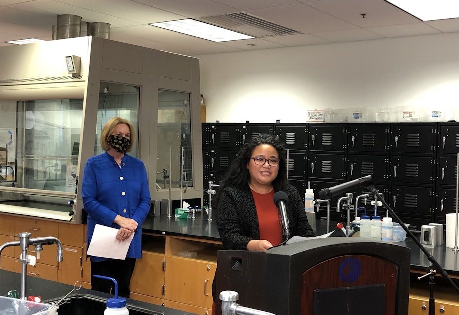 caption: Speaking in a South Seattle College chemistry lab, College President Rosie Rimando-Chareunsap called the new city and state scholarship funds "an important start." 