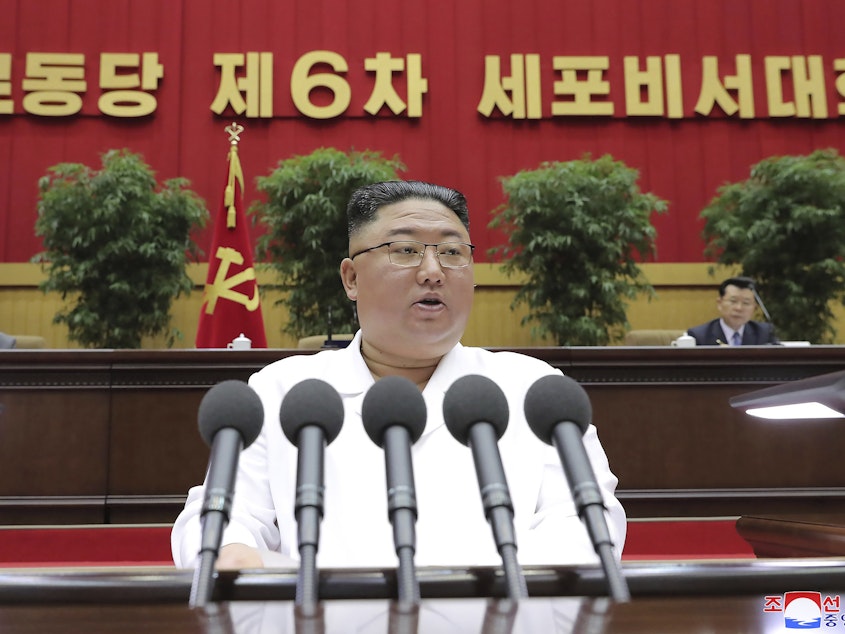 caption: North Korean leader Kim Jong Un delivers a speech in Pyongyang on April 8. On Sunday, the North Korean government said President Biden made a "big blunder" last week when he called North Korea's and Iran's nuclear programs a security threat.
