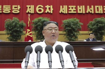 caption: North Korean leader Kim Jong Un delivers a speech in Pyongyang on April 8. On Sunday, the North Korean government said President Biden made a "big blunder" last week when he called North Korea's and Iran's nuclear programs a security threat.