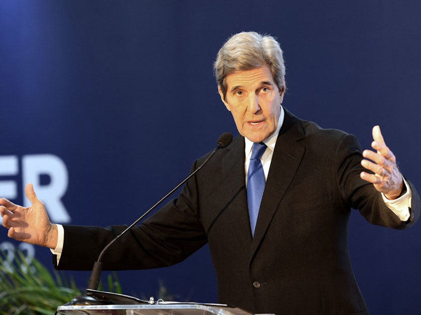 caption: John Kerry, President Biden's climate envoy, delivers a speech during the U.N. climate summit in Sharm el-Sheikh, Egypt on Nov. 15, 2022. Kerry is planning to leave his role.