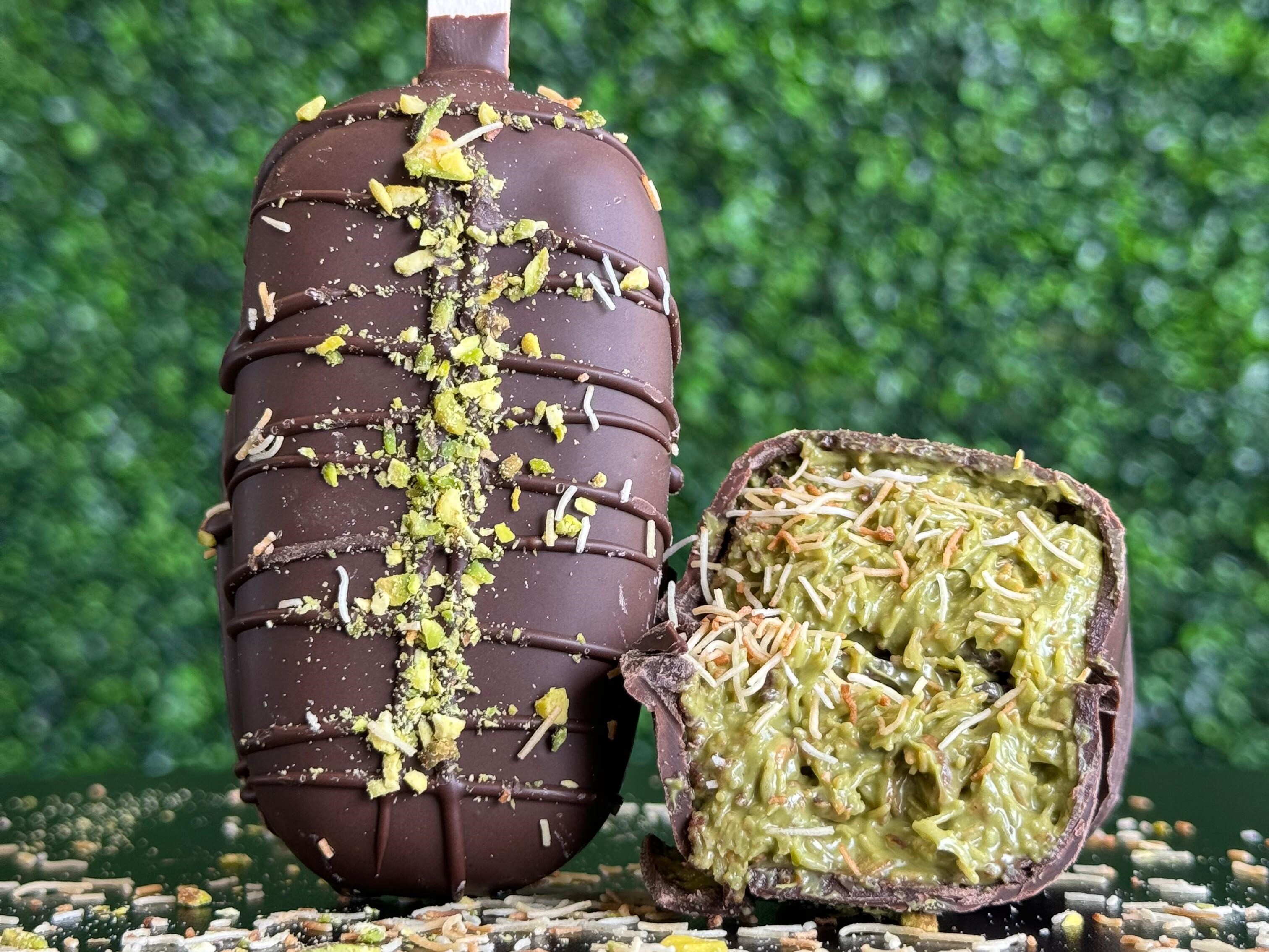 caption: The kunafa bar created by the Dearborn, Mich., ice cream store Booza Delight was inspired by the Dubai chocolate trend.