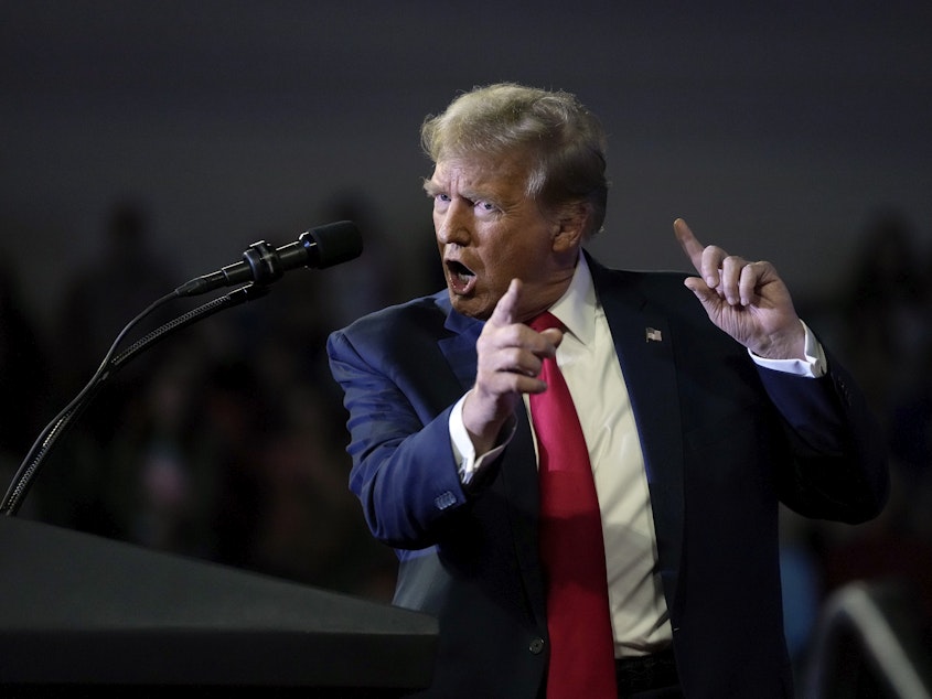 caption: Republican presidential candidate former President Donald Trump speaks at a Get Out The Vote rally at Coastal Carolina University in Conway, S.C., Saturday, Feb. 10, 2024.