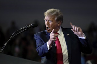 caption: Republican presidential candidate former President Donald Trump speaks at a Get Out The Vote rally at Coastal Carolina University in Conway, S.C., Saturday, Feb. 10, 2024.