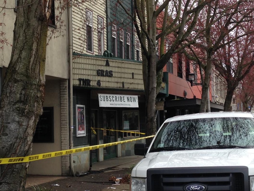 caption: Taproot Theatre lost letters from its marquee in the gas leak blast on March 9, 2016.