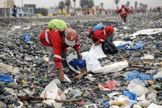 caption: Volunteers clean up plastic waste on a beach in Peru.