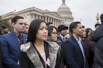 caption: People brought to the U.S. illegally as children, known as DREAMers, and other supporters of the Deferred Action for Childhood Arrivals program listen as lawmakers speak at the U.S. Capitol.