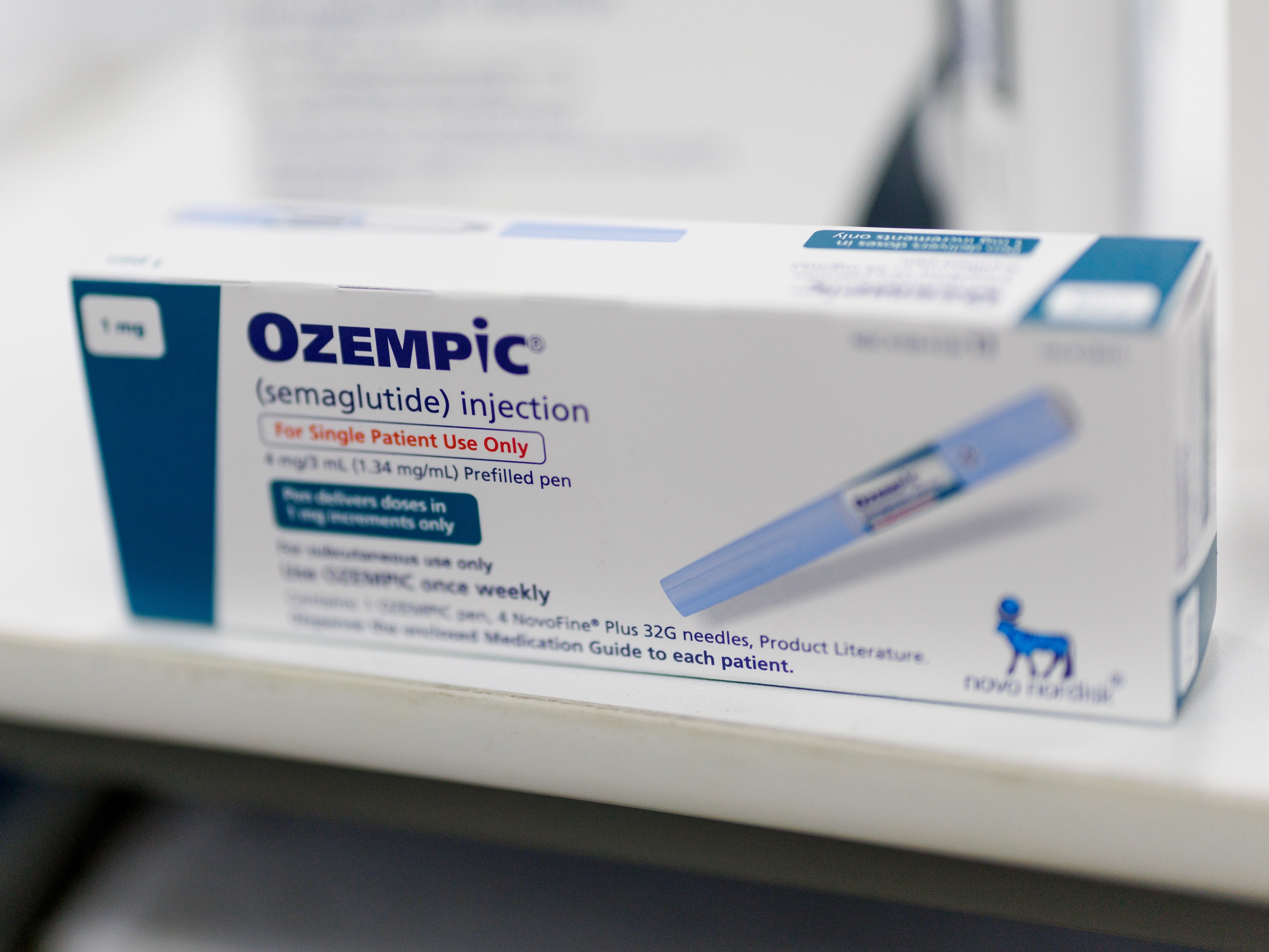 caption: A box of Ozempic at a pharmacy in Los Angeles on Aug. 6, 2025.