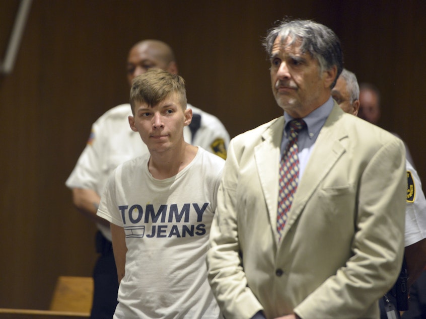 caption: Volodymyr Zhukovskyy, 23, stands with his attorney Donald Frank during a court session on Monday in Springfield, Mass. He has pleaded not guilty to seven counts of negligent homicide.