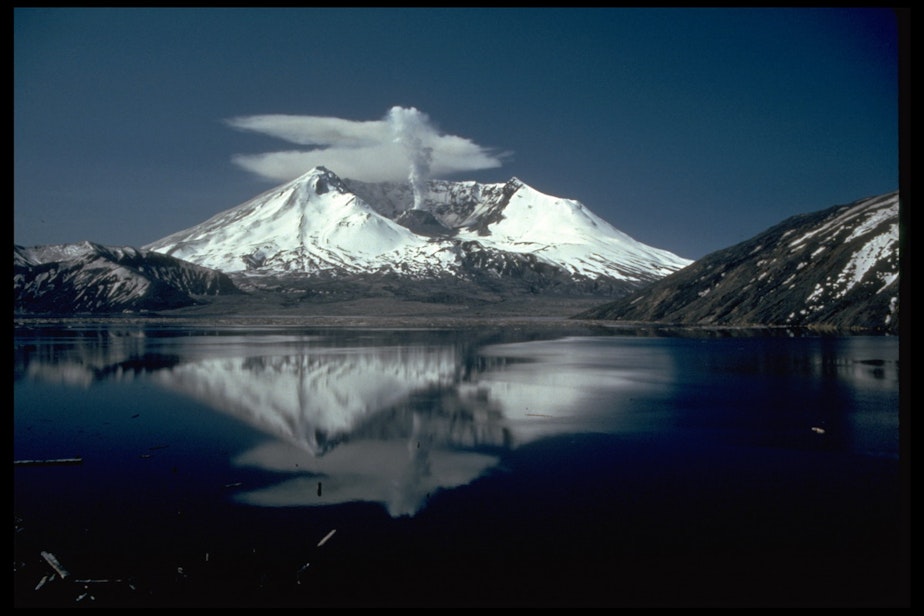caption: Spirit lake with Mount St. Helens in the background. This photo was taken in 1982.