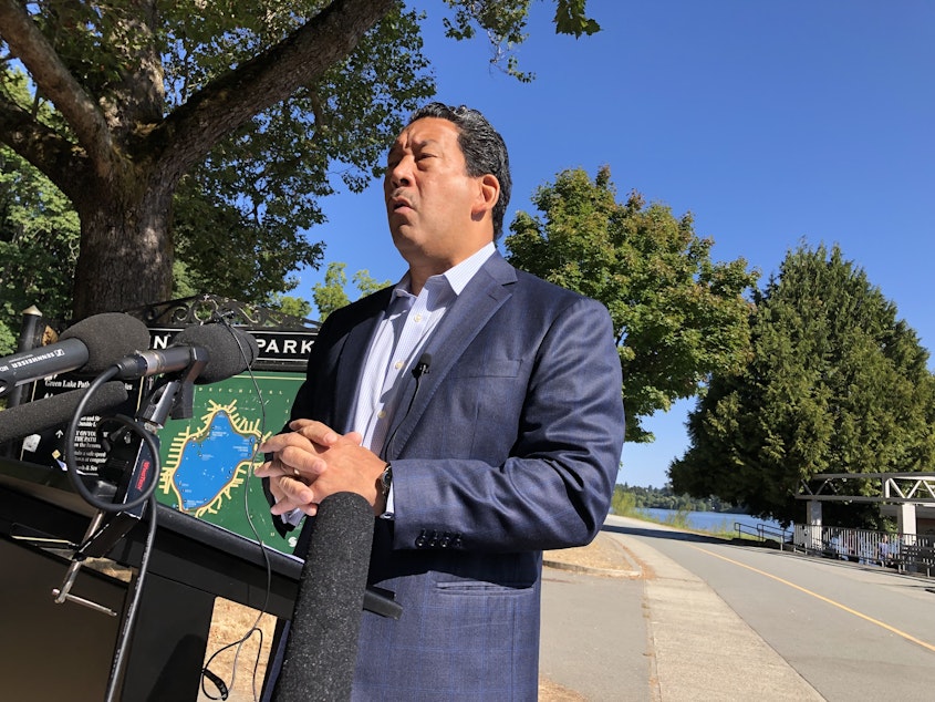 caption: Seattle mayoral candidate Bruce Harrell said Sept. 2 that if elected he'll seek to build a thousand emergency housing units in six months, and "insure that our city parks, playgrounds, sports fields, public spaces, sidewalks, and streets remain open and clear of encampments."
