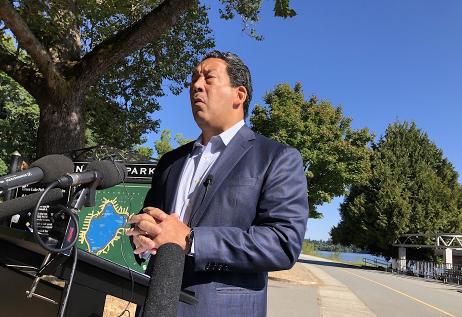 caption: Seattle mayoral candidate Bruce Harrell said Sept. 2 that if elected he'll seek to build a thousand emergency housing units in six months, and "insure that our city parks, playgrounds, sports fields, public spaces, sidewalks, and streets remain open and clear of encampments."