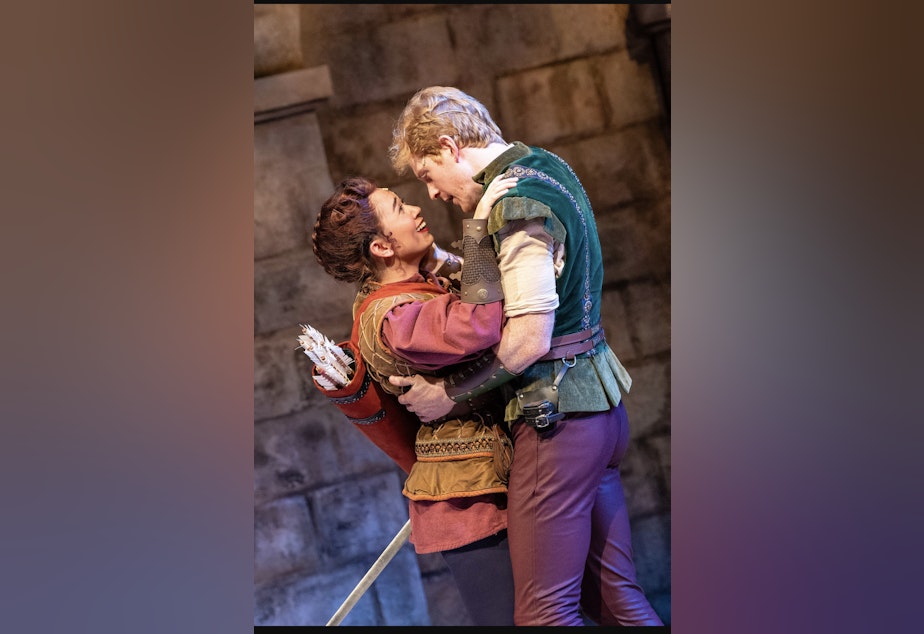 caption: Alegra Batara and Ricky Spaulding, as Maid Marian and Robin Hood in Ken Ludwig’s "Sherwood: The Adventures of Robin Hood" at Village Theatre in Issaquah. 
