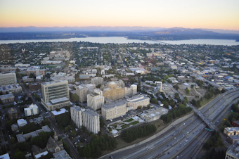 caption: An aerial view of Harborview Medical Center in Seattle. 