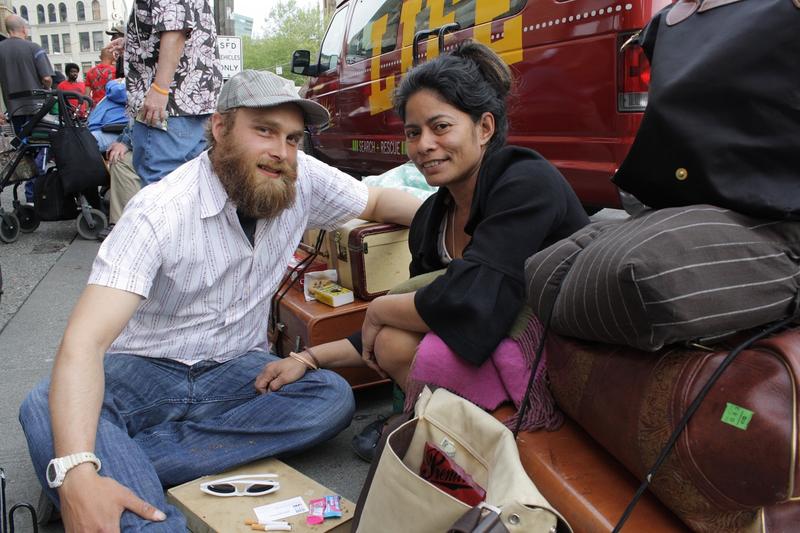 caption: Chris Fojtik and Mahealani Texeira outside Union Gospel Mission. They choose to sleep outside, rather than being separated. Most shelters don't let couples stay together at night.
