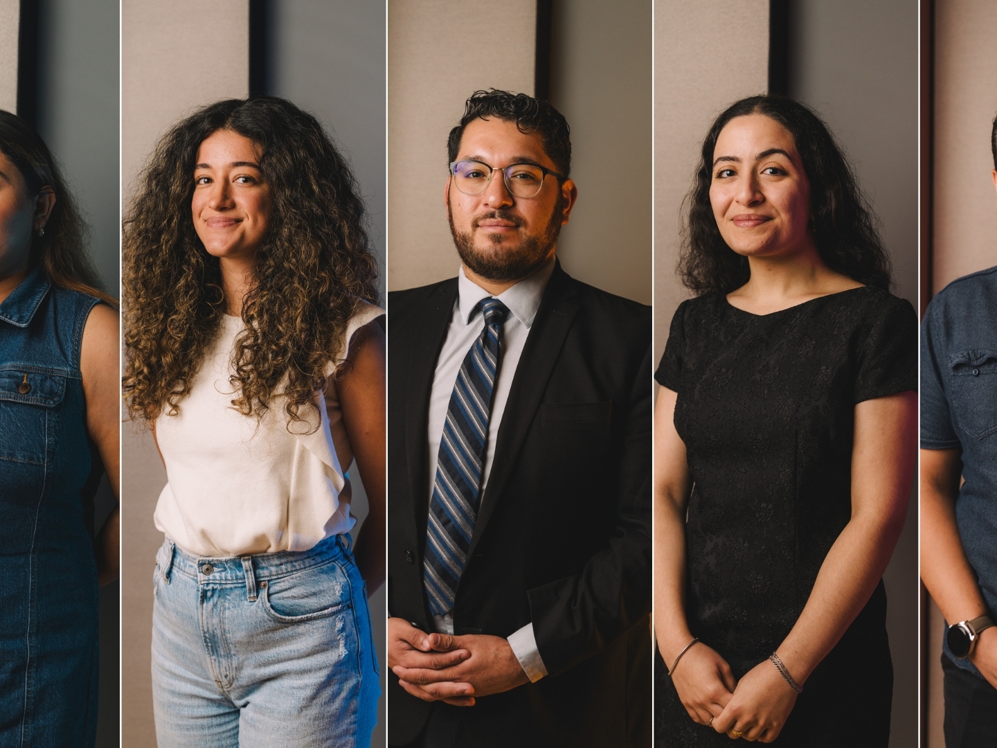 caption: Left to right: Lucero Lopez, Jasmine Perez Moreno, Josue Rodriguez, Raneem La Roux, and Jossue Ureno pose for a portrait at The Leroy and Lucile Melcher Center for Public Broadcasting on Thursday, Aug. 1, 2024, in Houston. 