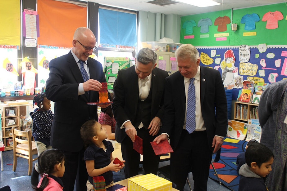 caption: A member of a Seattle delegation, King County Executive Dow Constanine and Seattle Mayor Ed Murray  visited Boston and New Jersey this year to learn about their universal preschool models. 