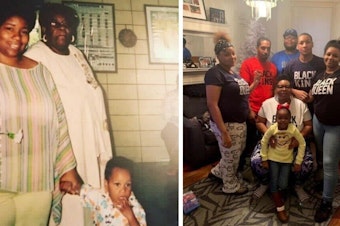 caption: Left: Jeanette Taylor, her mother and her youngest child in 2006. Right: Taylor, her five children and her granddaughter after she became an alderwoman in 2019.